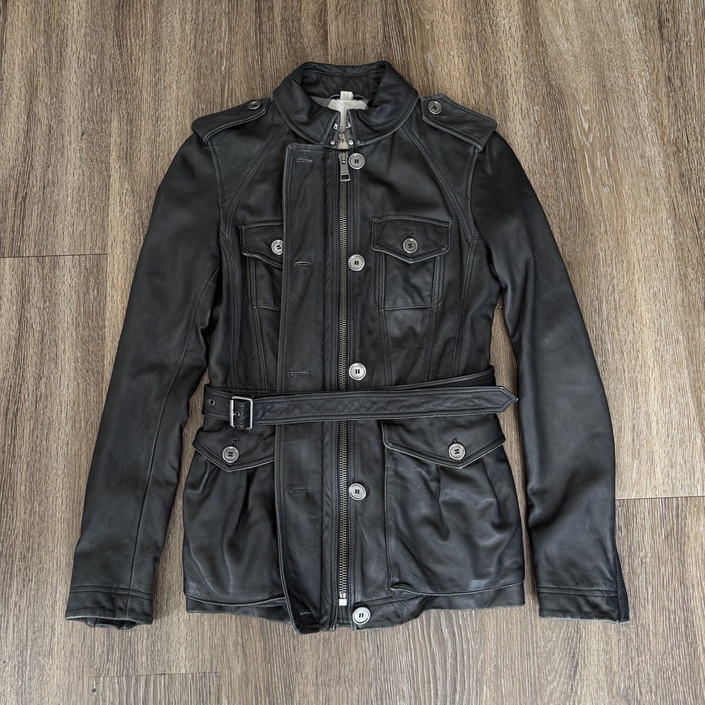 Burberry‎ Brit lambskin leather Black Belted jacket U.S. Size 4